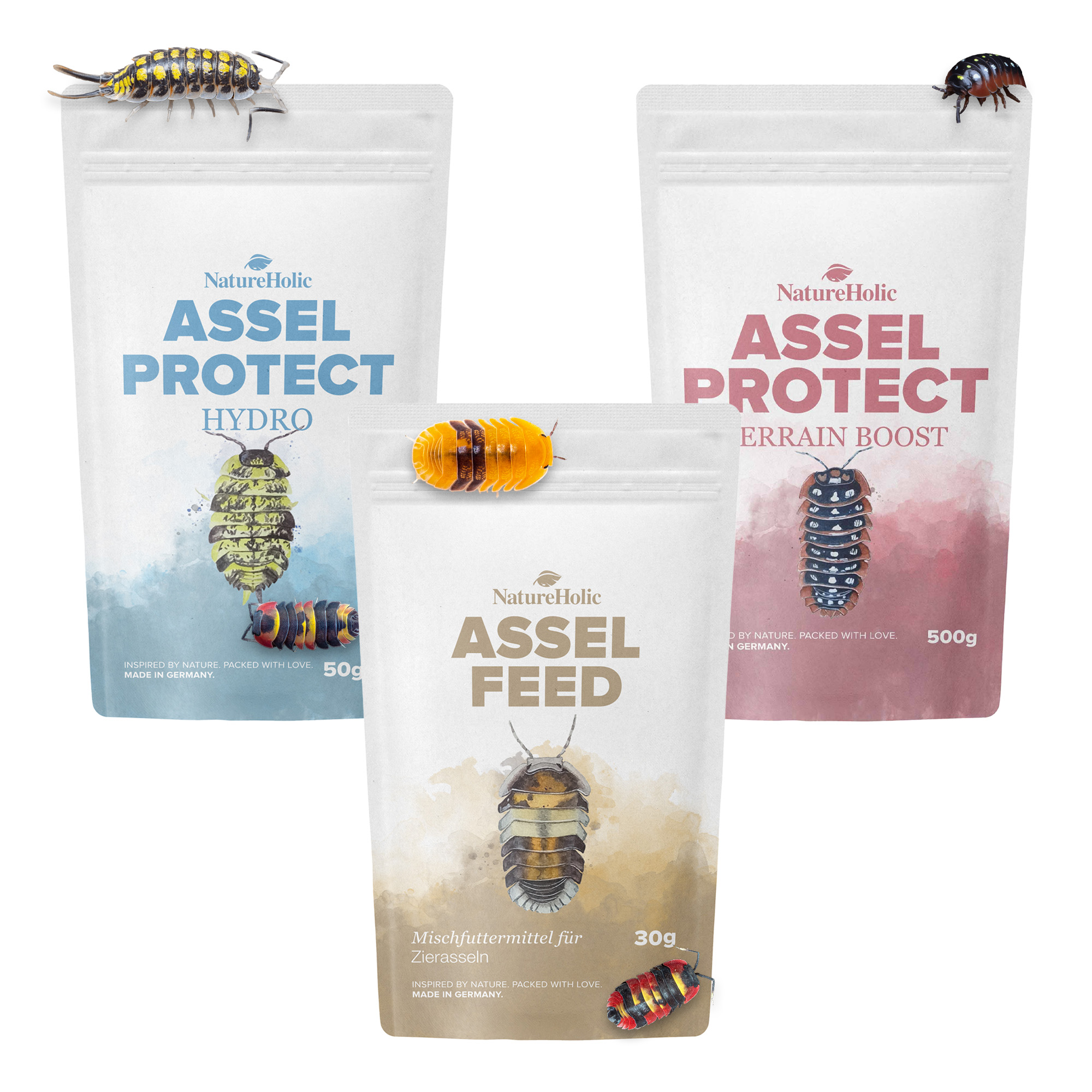 Drei NatureHolic Assel-Produkte mit Zierasseln